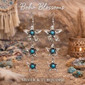 paparazzi Silver-Tone Triple Floral Drop Earrings with Turquoise Centers